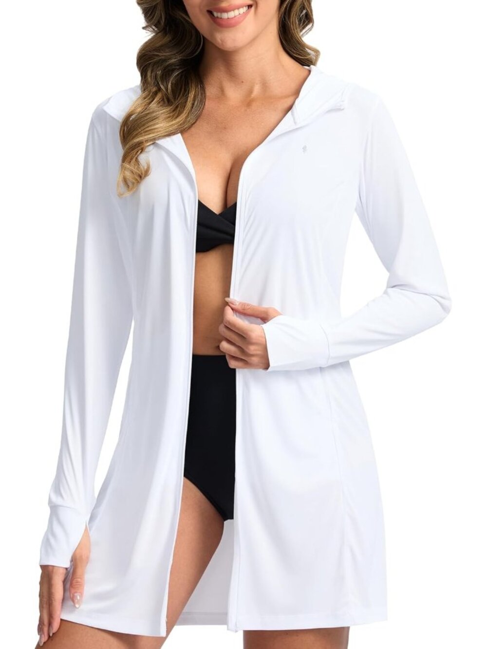 Women's White Polyester SPF Lightweight Jacket Long Sleeve Beach Cover Ups